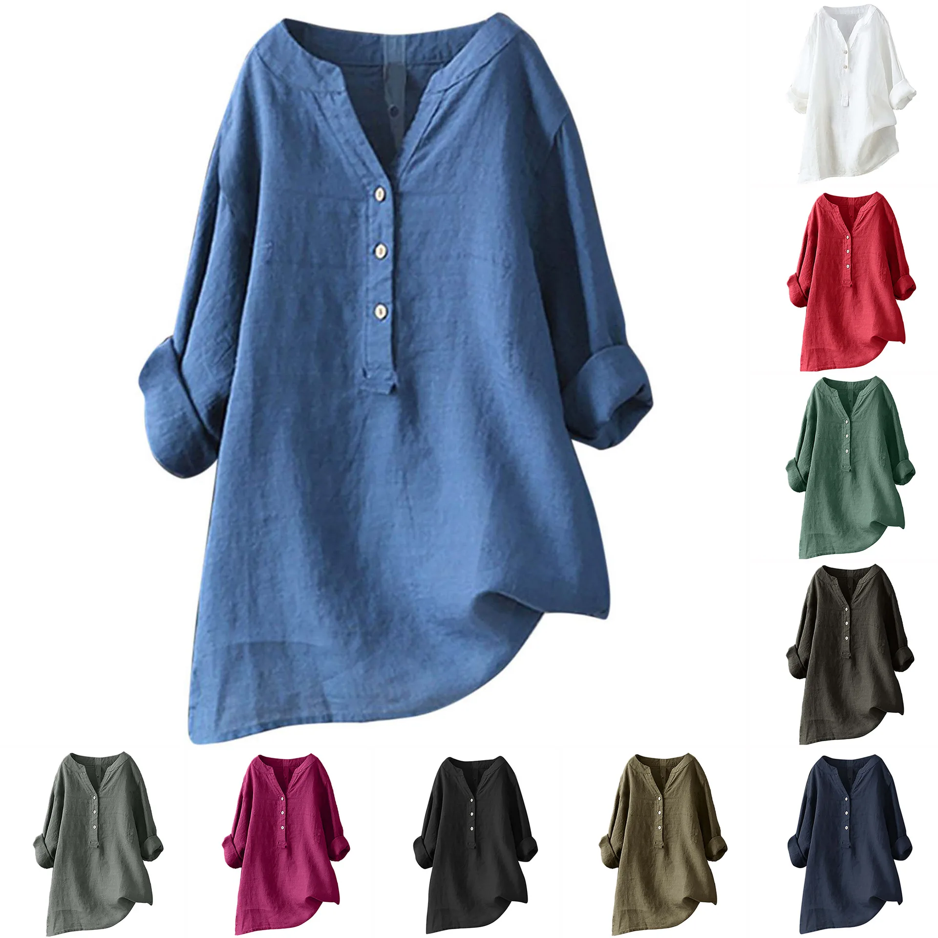 Camisas de algodão e linho uni - Casual Loose Linen Shirt Dress avaliação e preço