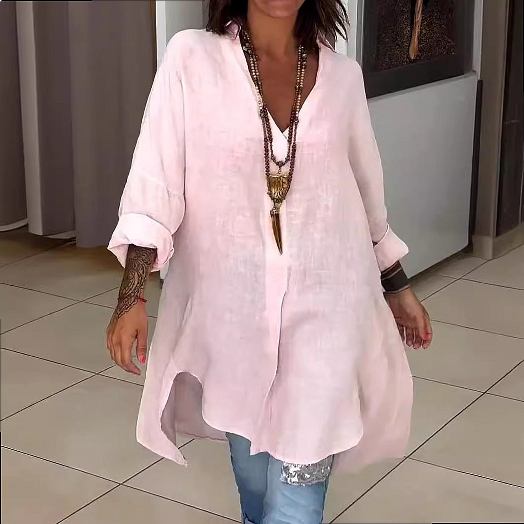 Vestido camisa de linho femini - Casual Loose Linen Shirt Dress avaliação e preço