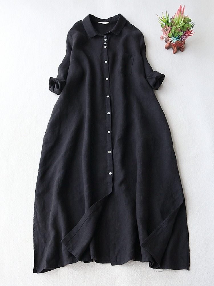 Vestido de Linho Artístico Fem - Casual Loose Linen Shirt Dress avaliação e preço