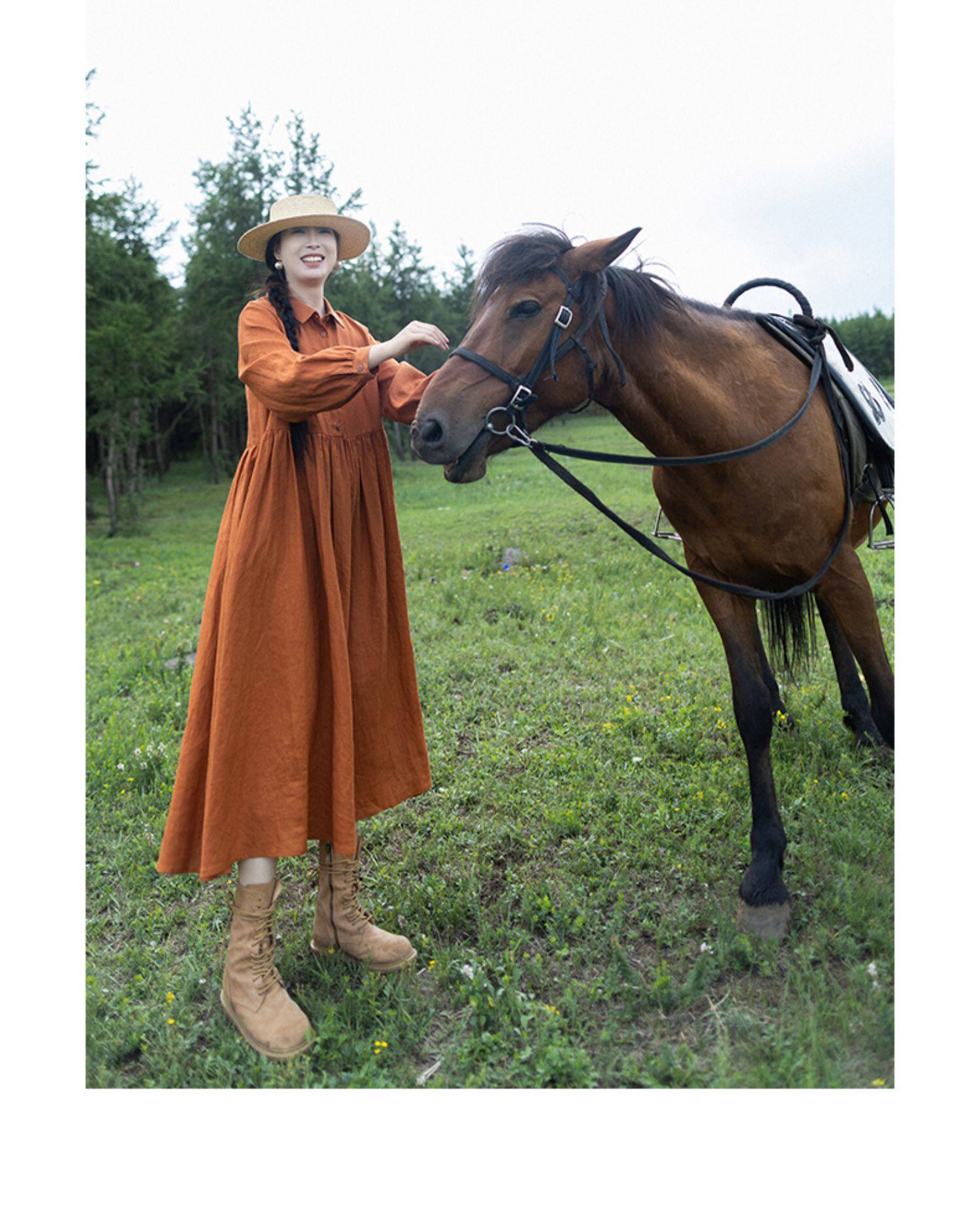 Vestido Maxi de Linho Laranja  - Casual Loose Linen Shirt Dress avaliação e preço