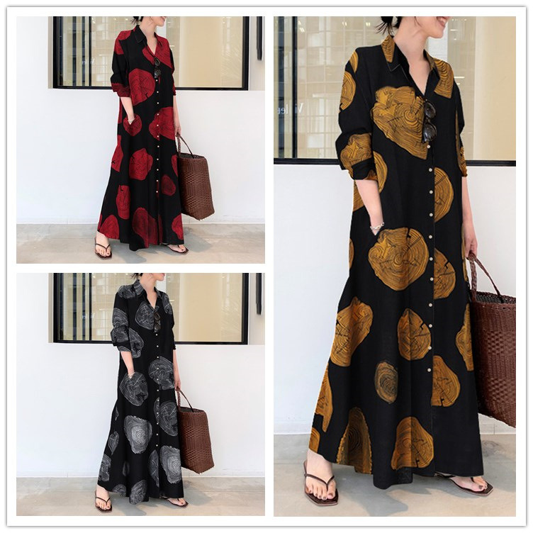 Algodão e linho estampado lape - Casual Loose Linen Shirt Dress avaliação e preço