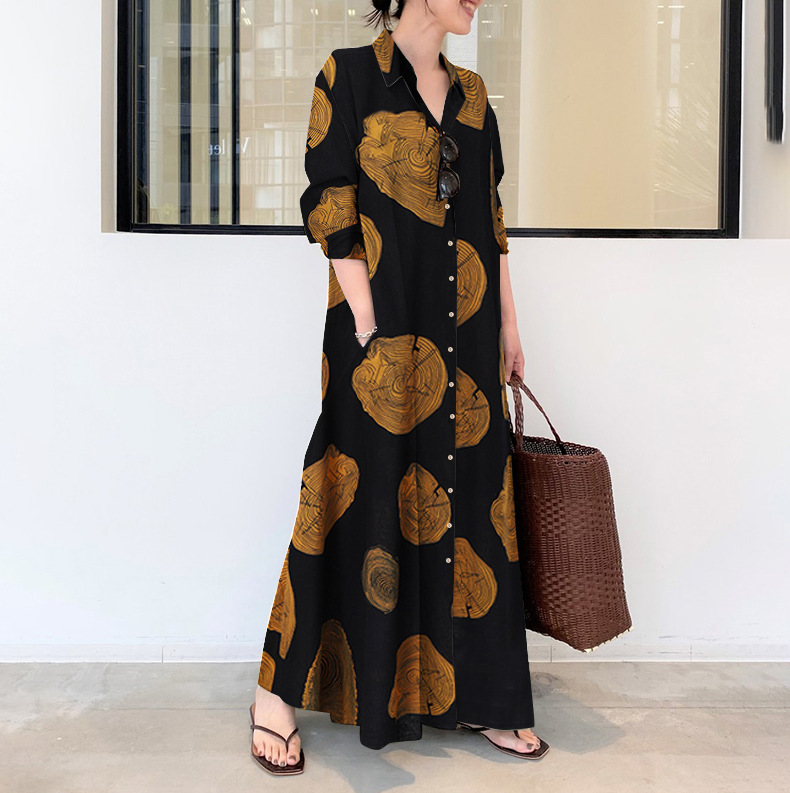 Algodão e linho estampado lape - Casual Loose Linen Shirt Dress avaliação e preço