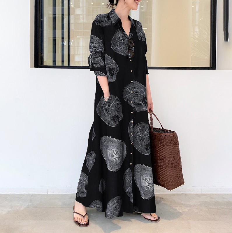 Algodão e linho estampado lape - Casual Loose Linen Shirt Dress avaliação e preço