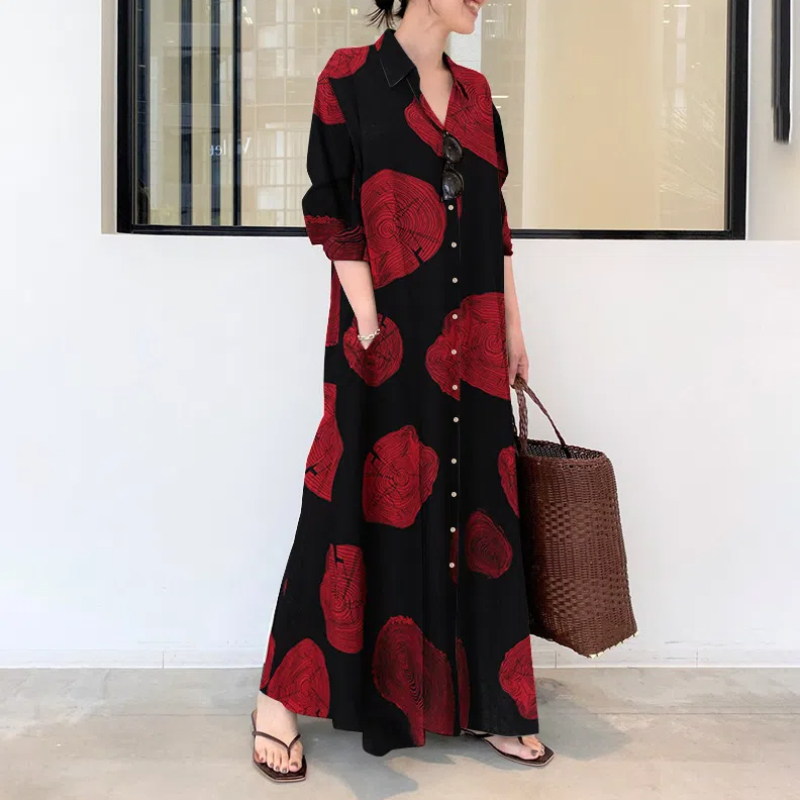Algodão e linho estampado lape - Casual Loose Linen Shirt Dress avaliação e preço